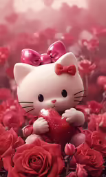a white hello kitty doll holding a red heart surrounded by flowers