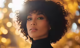 a close up of a woman with curly hair