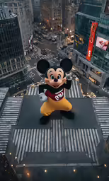 mickey mouse sitting on top of the cross walk at the intersection of times square and broadway
