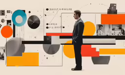 a man standing in front of art with multiple colors and shapes on it