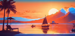 colorful sunset at the beach with yachts in the water,the sun sets over a boat in a body of water