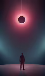 a person standing in a space with some lights