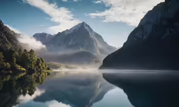 there are mountains and mist on the water
