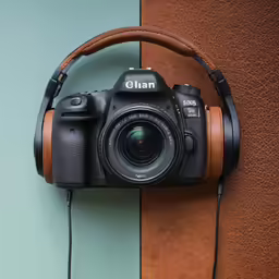 a camera and headphones sitting on a wall