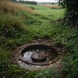 a manhole cover on a field with water running