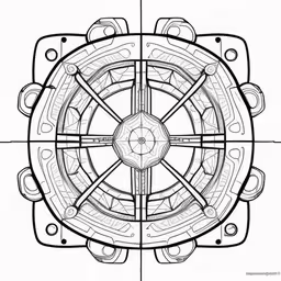 a drawing showing a circular object in black and white,the drawing is a combination of geometric and abstract forms,the image of an image of the inside of a boat wheel,a drawing of a wheel, with the center wheel spinning and two different gears,a line drawing design of a person