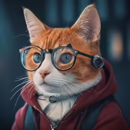 a cat with glasses and a hoodie on