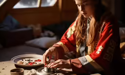 a woman is eating her small meal at the table