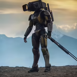 a robot with a camera on a hill in the background