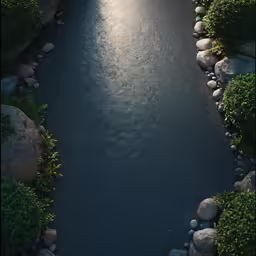 an aerial view of a river and green plants
