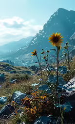 a plant sitting on top of a grass covered hill