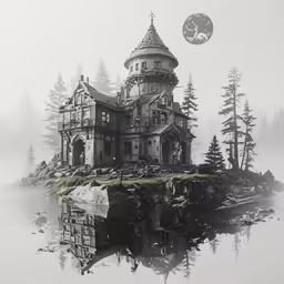 an old castle is floating on top of a lake