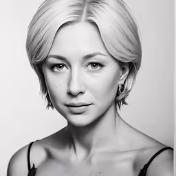 a black and white photo of a blonde woman