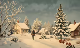 a painting of a person walking in the snow next to a cabin