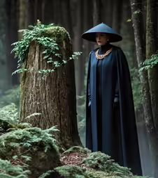 a woman dressed in a black costume standing in a forest