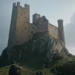 two people are looking at a castle from a hill