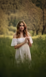 a woman standing in a field holding her hands together