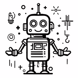 a black and white cartoon robot with several different symbols