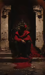 a person sitting on a couch with a red robe
