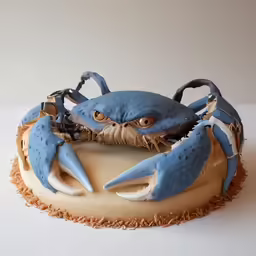 there is a cake decorated with a blue crab and two claws