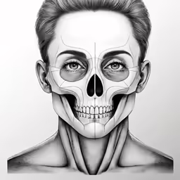 a black and white drawing of a man with his face cut out into the form of a skeleton