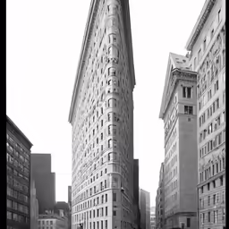 black and white photo of the flat iron buildings in new york