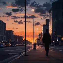a man walking down a sidewalk at sunset