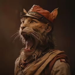 a tiger wearing a red hat and orange cape