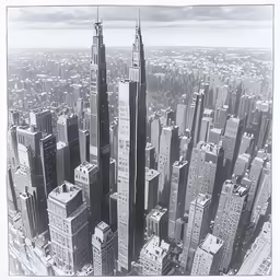 a huge city has large buildings in it