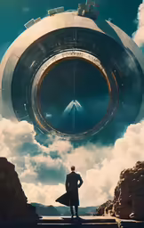 a man standing on steps looking out at clouds in the sky