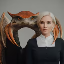 a woman is posed with a dragon sculpture