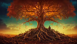 an artistic image of the roots of a tree,a man sitting on the top of a tree with roots around him