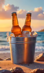 two beer bottles are in a bucket on a beach