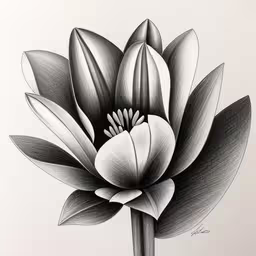 this is a picture of a pencil drawing of a lotus,a black and white drawing of a flower,a drawing of a flower in black and white,this is an image of a black and white flower,a drawing of a flower with large petals