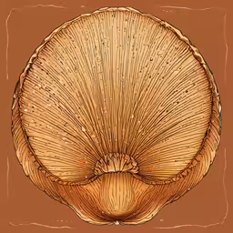 an illustration of a scallop shell,an ocean snail on brown with black accents