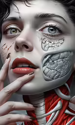 the woman is posing with her face painted in gray and red