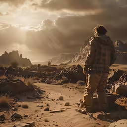 a person stands alone in an arid area with mountains in the background