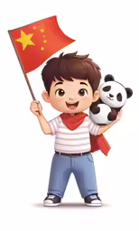 a man holding a flag and panda bear
