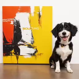 dog sitting next to painting of red, yellow and black color