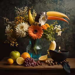flowers and fruit are arranged around a vase