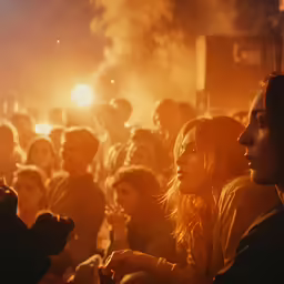 a crowd of people watch the concert with a glowing stage behind them
