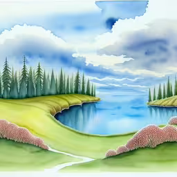 a painting of a landscape that includes water, land and trees,a landscape with a small body of water and many trees