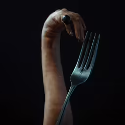a woman holds a fork in front of her leg