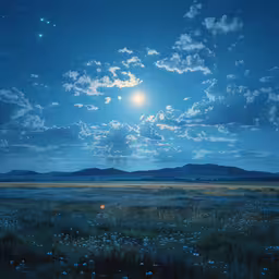 the night sky with the moon shining over the distant land,the moon and stars are visible on a clear night sky