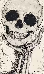 a drawing of a human skull holding something in his hand