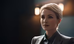 the woman is wearing a suit and looking into the distance