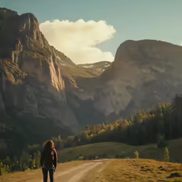 a man with backpack on a path in front of mountains