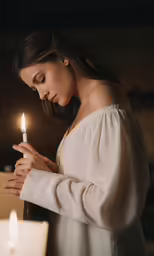 woman in white holding a lit candle with light