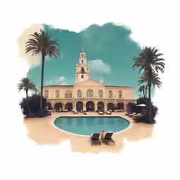 a drawing of a beautiful hotel with pool in front of it