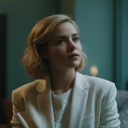 the blonde woman is staring into the distance